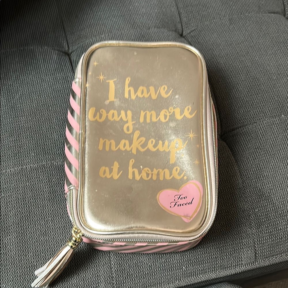 Too Faced Gold and Pink Makeup Bag “I have way more makeup at home”